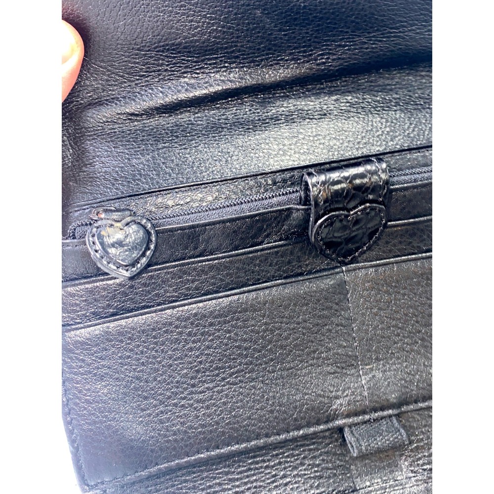 Brighton Black Leather Wallet Embossed‎ Heart Details Croc Flap Convertible - Picture 5 of 13